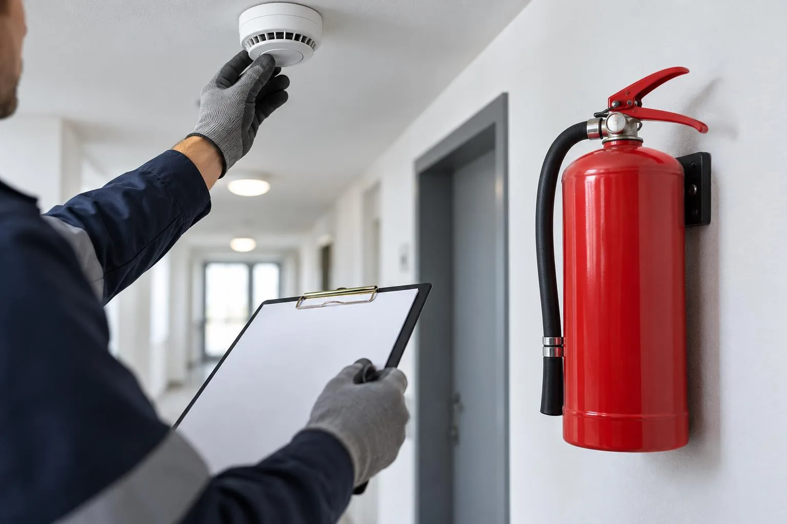 Fachkraft kontrolliert Rauchmelder und Feuerlöscher in einem Flur